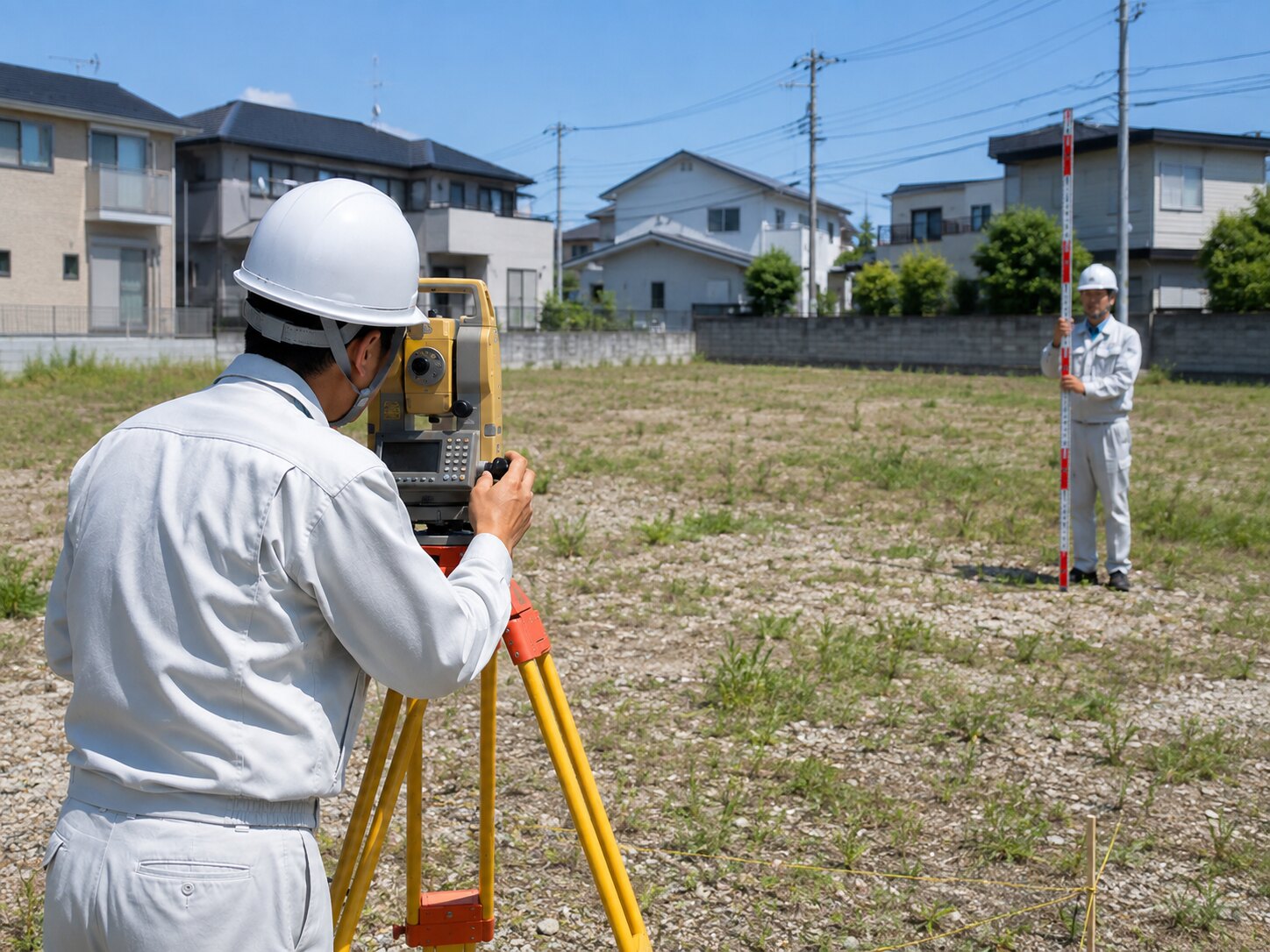 空き地で測量機器と標尺を使って測量するスタッフ
